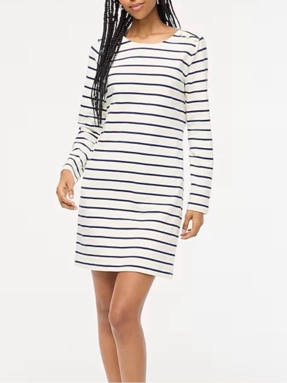J. Crew White Dress with Navy Stripes — Long Sleeve Shift 100% Cotton